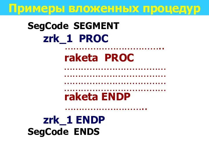 Примеры вложенных процедур SegCode SEGMENT zrk_1 PROC …………………………….. raketa PROC ……………………………… ……………………………… ………………………………