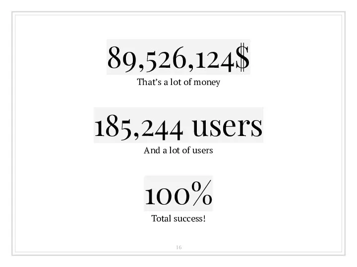 89,526,124$ That’s a lot of money 100% Total success! 185,244 users And a lot of users