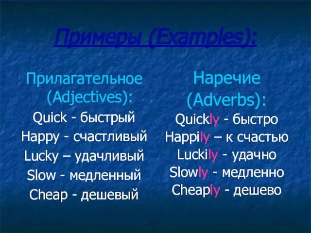 Примеры (Examples): Прилагательное (Adjectives): Quick - быстрый Happy - счастливый