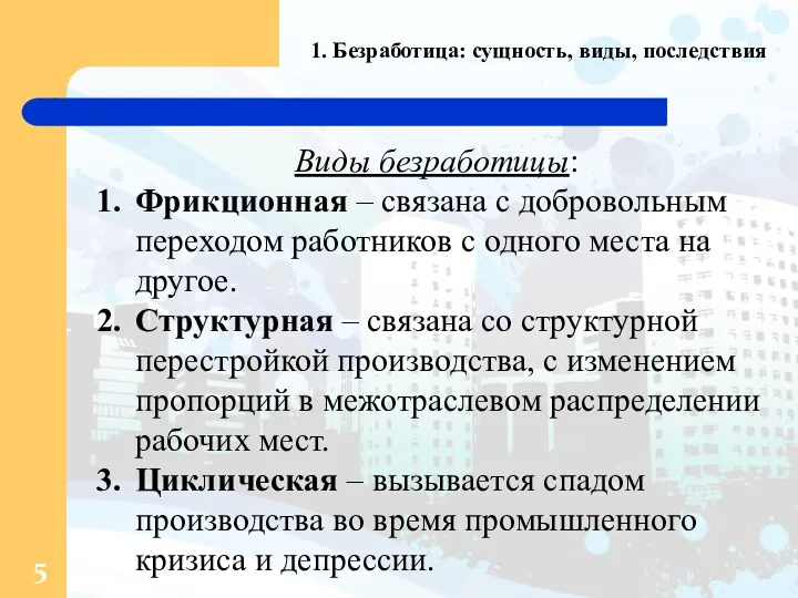 1. Безработица: сущность, виды, последствия Виды безработицы: Фрикционная – связана