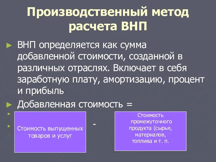 ВНП определяется как сумма добавленной стоимости, созданной в различных отраслях.