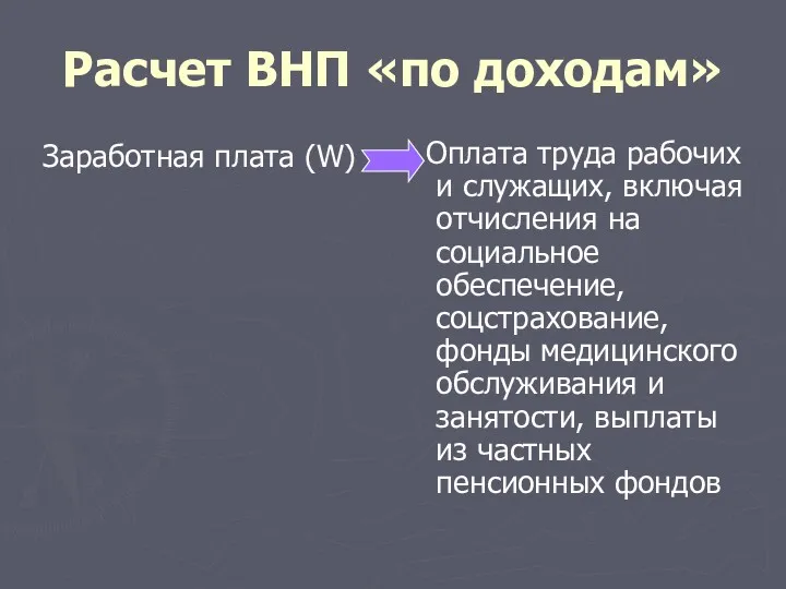 Расчет ВНП «по доходам» Заработная плата (W) Оплата труда рабочих