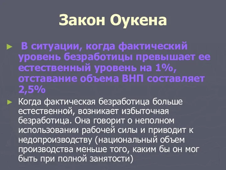 Закон Оукена В ситуации, когда фактический уровень безработицы превышает ее