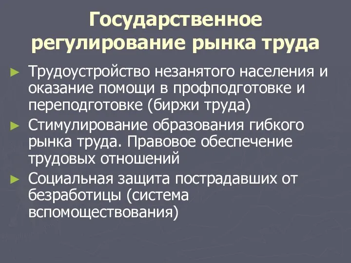 Государственное регулирование рынка труда Трудоустройство незанятого населения и оказание помощи