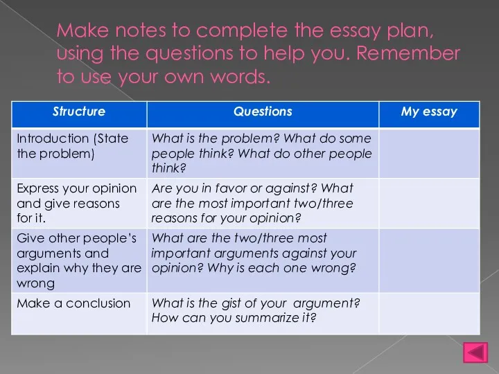 Make notes to complete the essay plan, using the questions to help you.