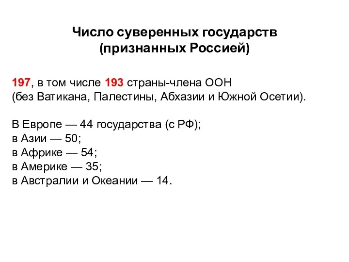 Число суверенных государств (признанных Россией) 197, в том числе 193
