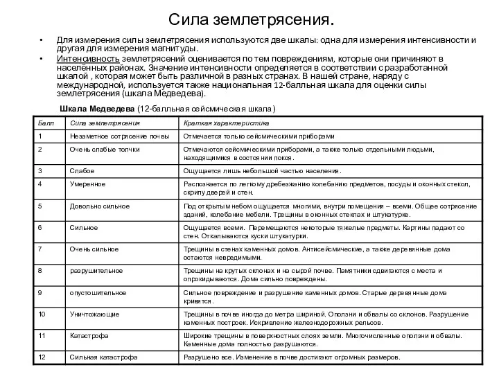 Сила землетрясения. Для измерения силы землетрясения используются две шкалы: одна