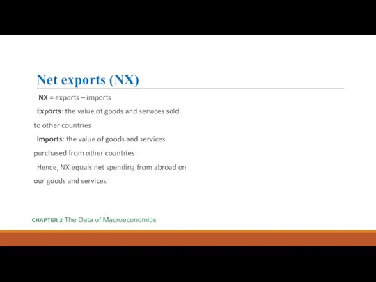 Net exports (NX) NX = exports – imports Exports: the