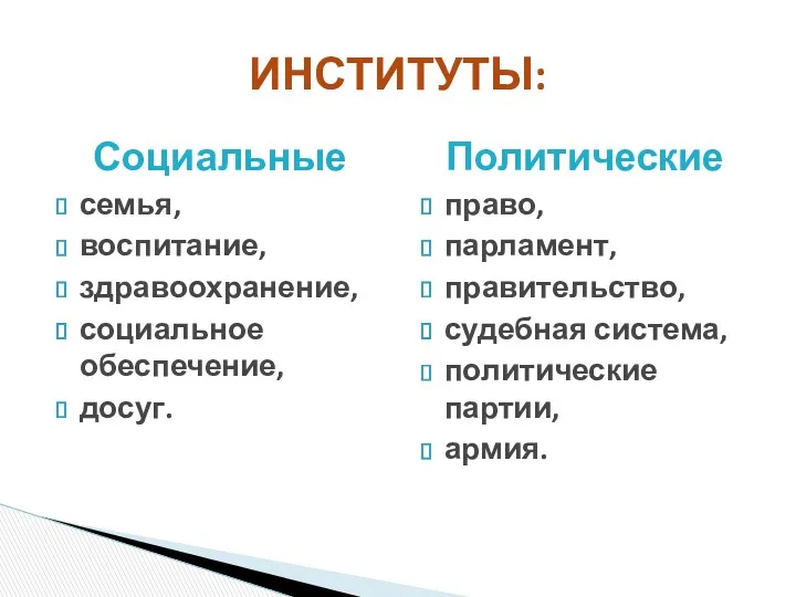 Социальные семья, воспитание, здравоохранение, социальное обеспечение, досуг. Политические право, парламент,