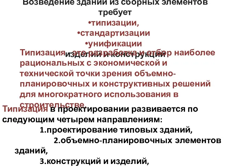 Возведение зданий из сборных элементов требует типизации, стандартизации унификации изделий