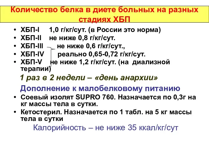 Количество белка в диете больных на разных стадиях ХБП ХБП-I