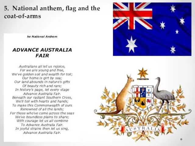 he National Anthem ADVANCE AUSTRALIA FAIR Australians all let us rejoice, For we
