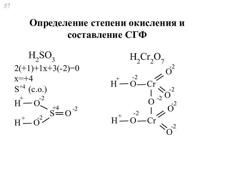 H2SO3 2(+1)+1x+3(-2)=0 x=+4 S+4 (с.о.) H H O O S