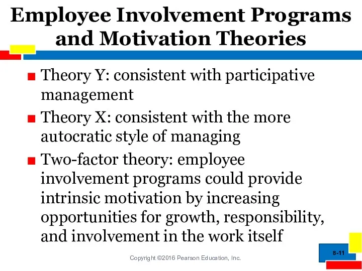 Employee Involvement Programs and Motivation Theories Theory Y: consistent with
