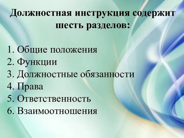 Должностная инструкция содержит шесть разделов: 1. Общие положения 2. Функции 3. Должностные обязанности