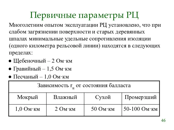 Первичные параметры РЦ Многолетним опытом эксплуатации РЦ установлено, что при