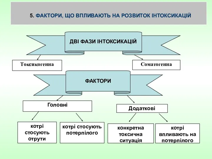 5. ФАКТОРИ, ЩО ВПЛИВАЮТЬ НА РОЗВИТОК ІНТОКСИКАЦІЙ Токсикогенна Соматогенна Головні