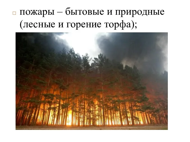 пожары – бытовые и природные (лесные и горение торфа);