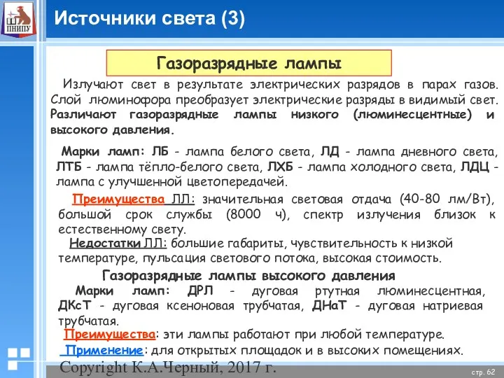 Copyright К.А.Черный, 2017 г. Газоразрядные лампы Излучают свет в результате