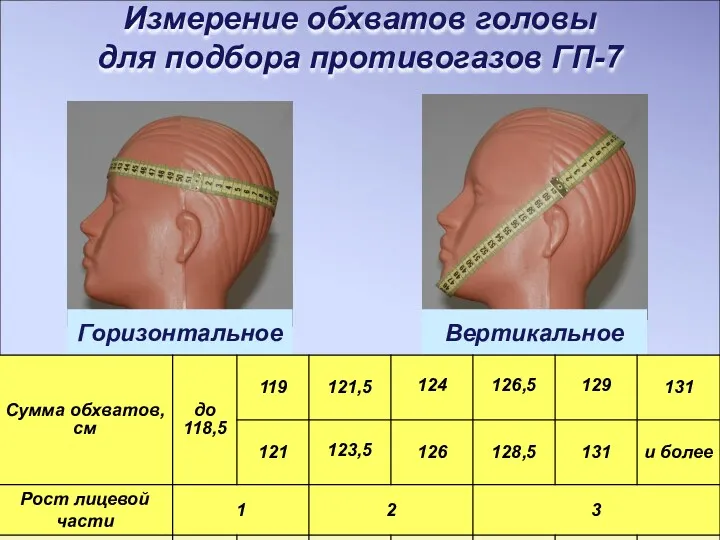 Измерение обхватов головы для подбора противогазов ГП-7 Горизонтальное Вертикальное
