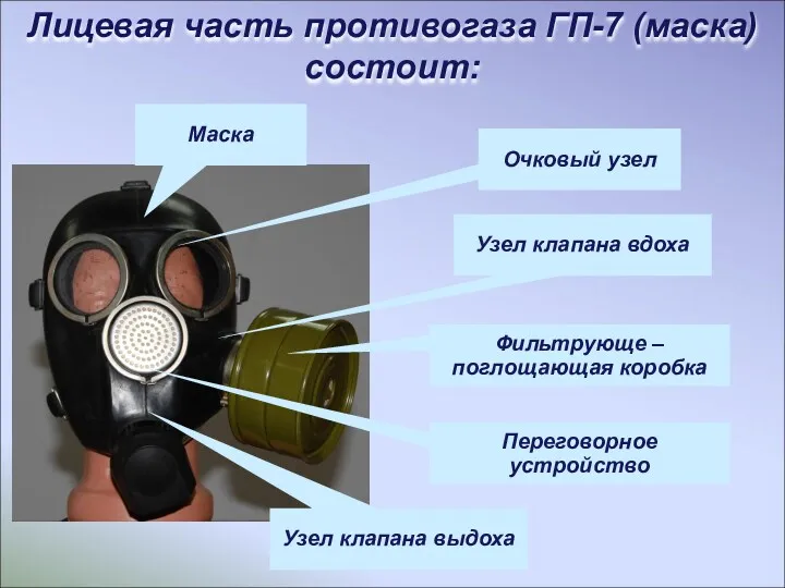 5 Лицевая часть противогаза ГП-7 (маска) состоит: Маска Очковый узел