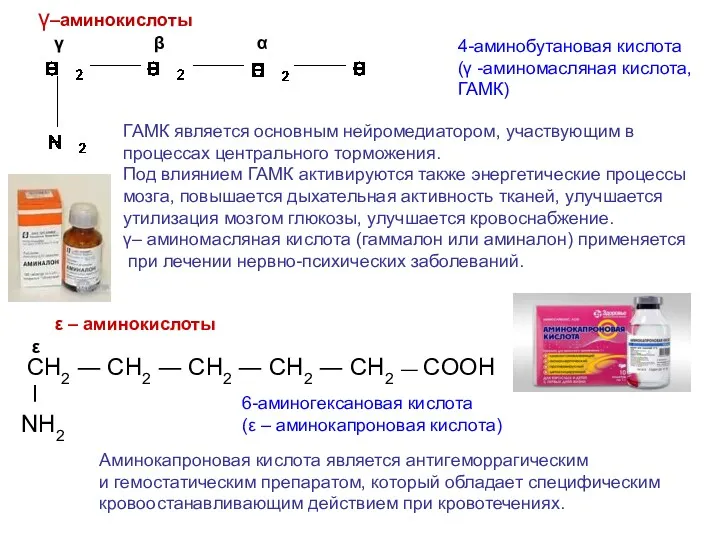 γ–аминокислоты 4-аминобутановая кислота (γ -аминомасляная кислота, ГАМК) ГАМК является основным