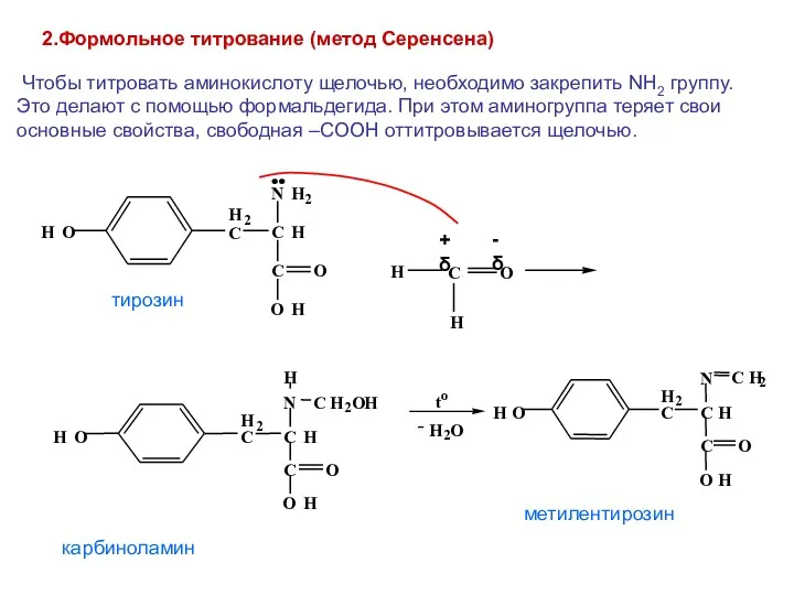 2.Формольное титрование (метод Серенсена) Чтобы титровать аминокислоту щелочью, необходимо закрепить