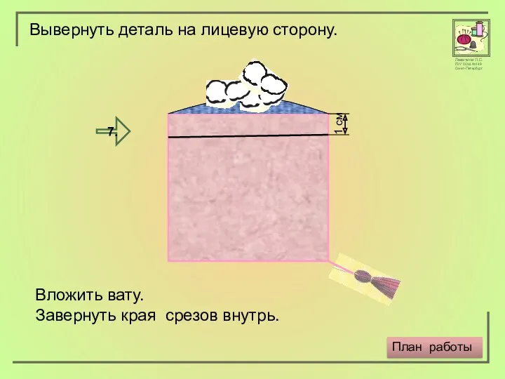 Вложить вату. Завернуть края срезов внутрь. 1 см Вывернуть деталь на лицевую сторону. План работы 7.