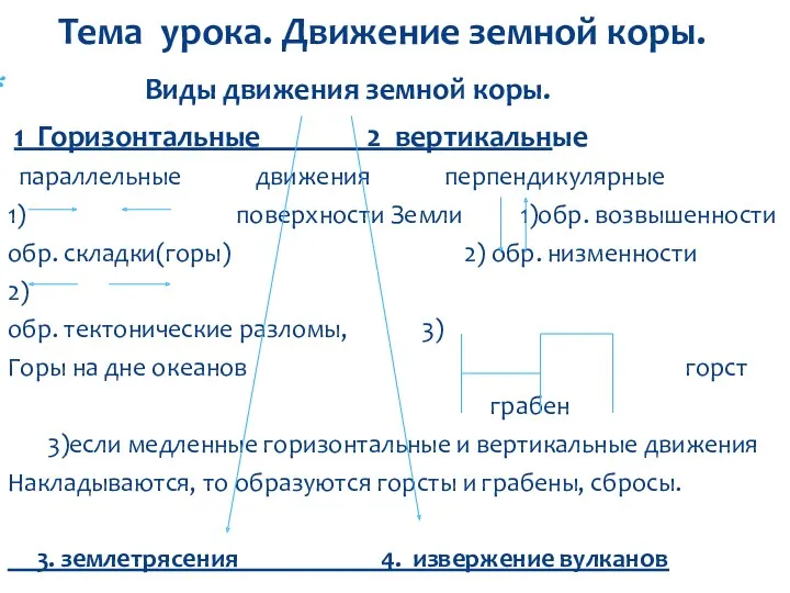 Тема урока. Движение земной коры. Виды движения земной коры. 1