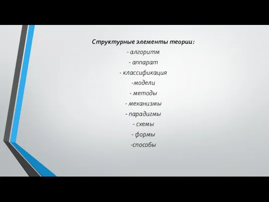 Структурные элементы теории: - алгоритм - аппарат - классификация -модели - методы -