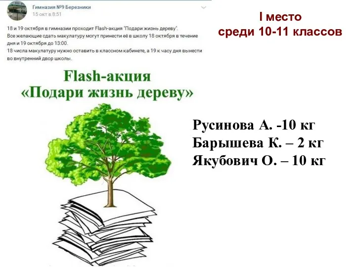 I место среди 10-11 классов Русинова А. -10 кг Барышева