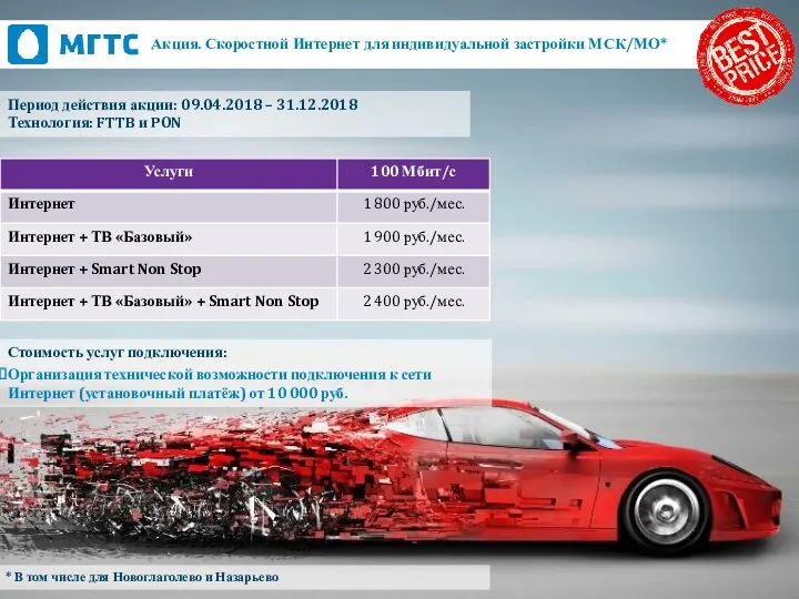 Акция. Скоростной Интернет для индивидуальной застройки МСК/МО* Стоимость услуг подключения: