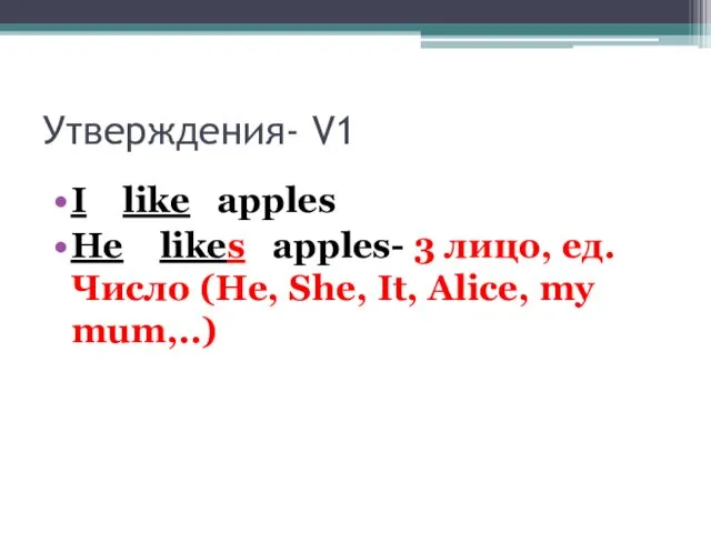 Утверждения- V1 I like apples He likes apples- 3 лицо,