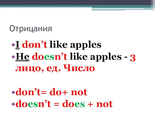 Отрицания I don’t like apples He doesn’t like apples -