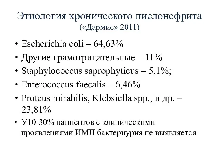 Этиология хронического пиелонефрита («Дармис» 2011) Escherichia coli – 64,63% Другие