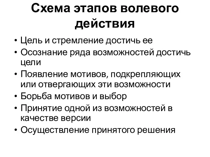 Схема этапов волевого действия Цель и стремление достичь ее Осознание