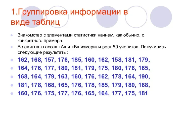 1.Группировка информации в виде таблиц Знакомство с элементами статистики начнем,