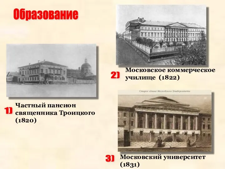 Образование 1) Частный пансион священника Троицкого (1820) 2) Московское коммерческое училище (1822) 3) Московский университет (1831)