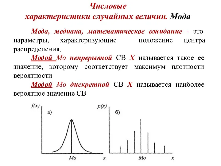 Числовые характеристики случайных величин. Мода Мода, медиана, математическое ожидание -