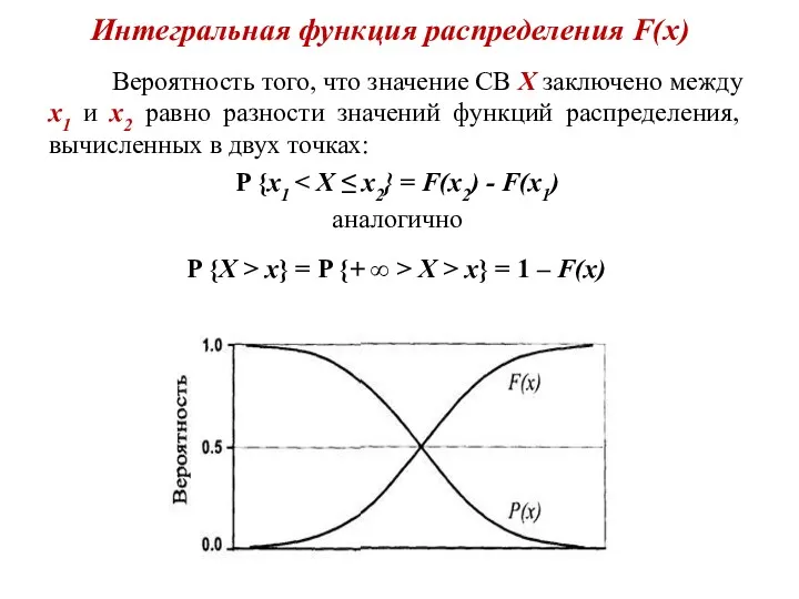 Интегральная функция распределения F(x) Вероятность того, что значение СВ Х