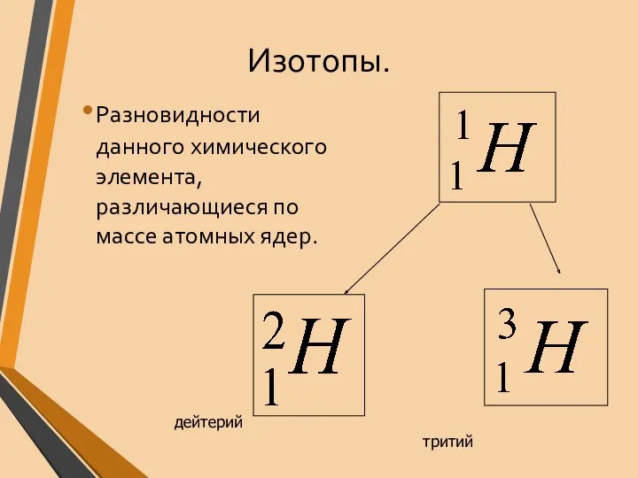 Изотопы. Разновидности данного химического элемента, различающиеся по массе атомных ядер. дейтерий тритий