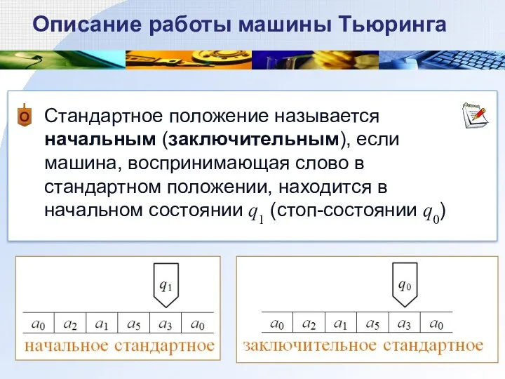 Описание работы машины Тьюринга Стандартное положение называется начальным (заключительным), если