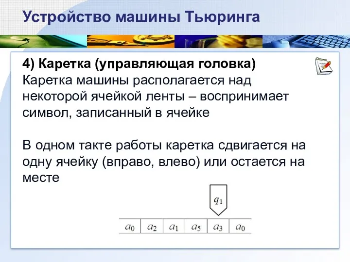 4) Каретка (управляющая головка) Каретка машины располагается над некоторой ячейкой