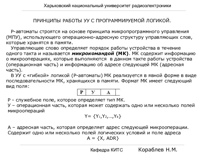 Харьковский национальный университет радиоэлектроники Кафедра КИТС Кораблев Н.М. ПРИНЦИПЫ РАБОТЫ