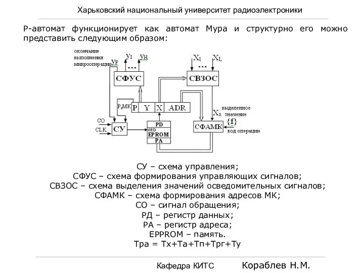 Харьковский национальный университет радиоэлектроники Кафедра КИТС Кораблев Н.М. Р-автомат функционирует