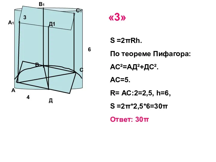 6 4 3 S =2πRh. По теореме Пифагора: АС²=АД²+ДС². АС=5.