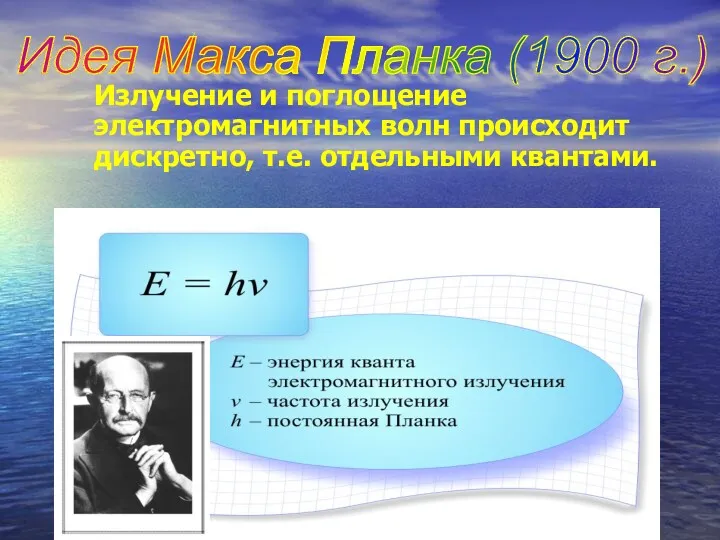 Излучение и поглощение электромагнитных волн происходит дискретно, т.е. отдельными квантами. Идея Макса Планка (1900 г.)