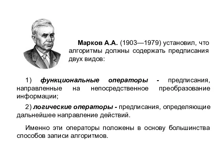 Марков А.А. (1903—1979) установил, что алгоритмы должны содержать предписания двух видов: 1) функциональные