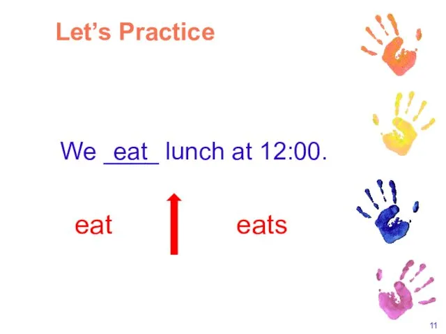 We ____ lunch at 12:00. eat eats eat Let’s Practice