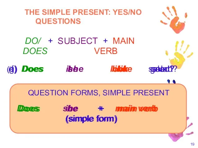 Does he + main verb (simple form) Does it +